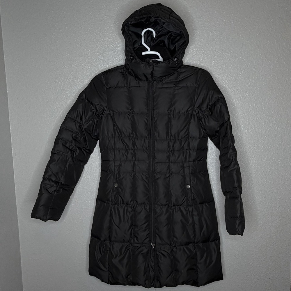 Eddie Bauer Goose Down Puffer Coat Detachable Hood Long Black Womens M‎ Quilted